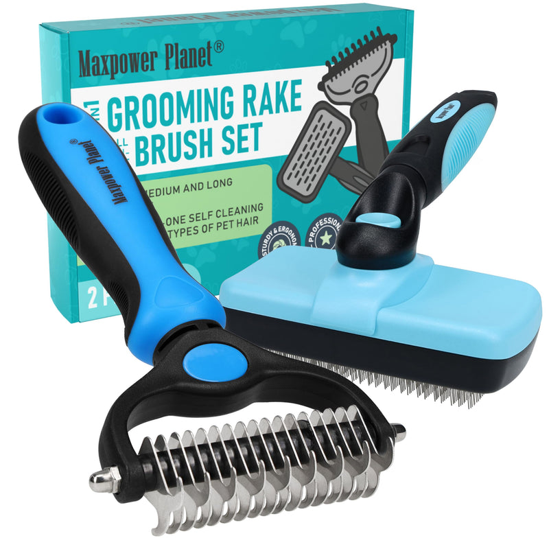 Maxpower Planet Dog Rake and Dog Hair Brush - Gently Removes Loose Undercoat, Mats and Tangled - Deshedding Grooming Tool for Dogs & Cats - Self Cleaning Slicker Brush - All Hair Types A - Rake & Brush (Best Value) - PawsPlanet Australia