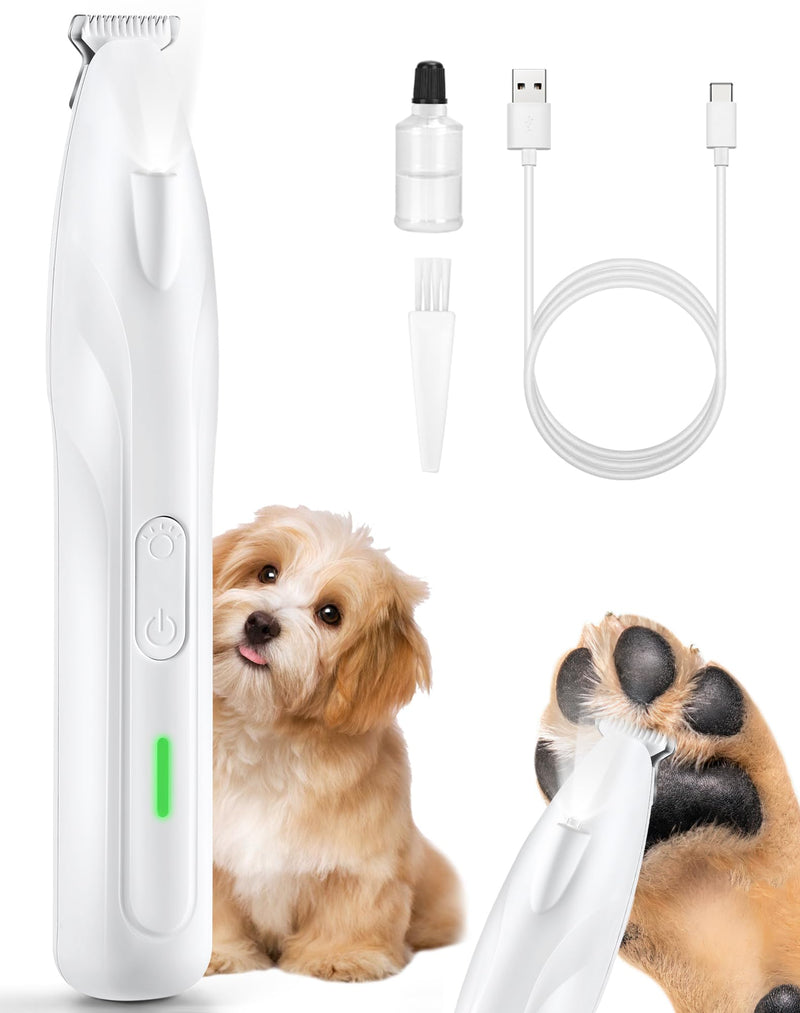 Dogs Paw Trimmer, 2 Speed Low Noise Dog Clippers for Grooming, Cordless Rechargeable Dog Hair Trimmer with LED Light, Widen Blade Cat Pet Hair Shaver for Paws, Eyes, Ears, Face, Rump (White) White
