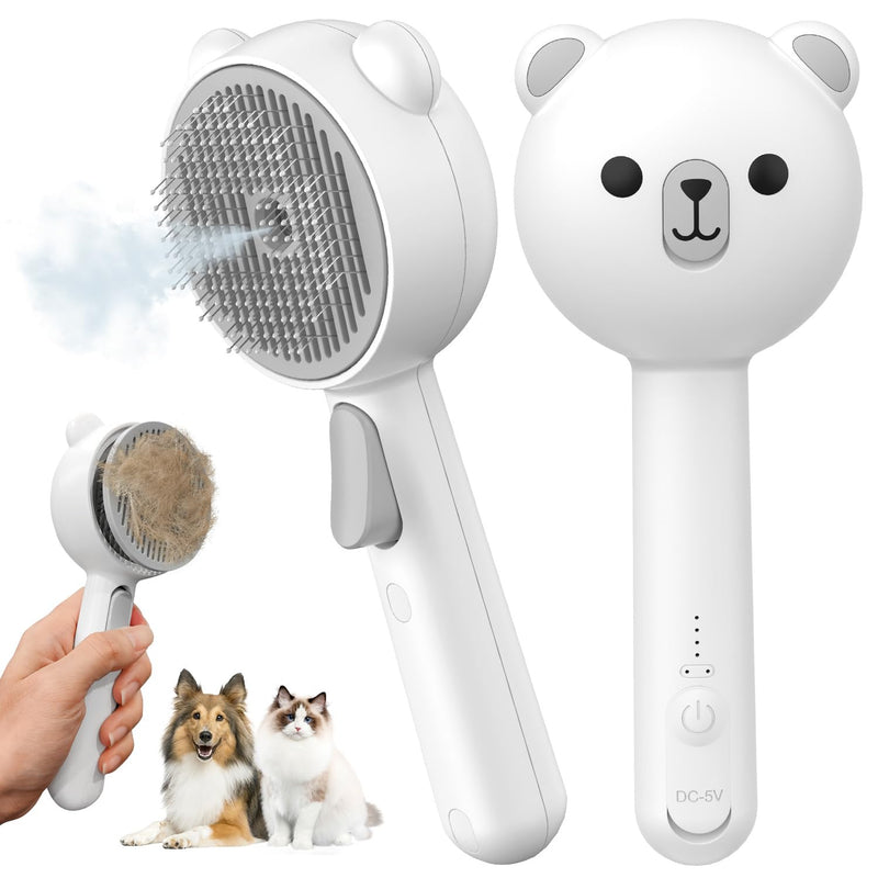 Cat Steam Brush, Self Cleaning Pet Spray Hair Removal Comb with Release Button, 3 In 1 Cat Brush for Indoor Cats for Shedding, Waterproof Pet Grooming Brushes for Long Short Haired Dogs Cats White - PawsPlanet Australia