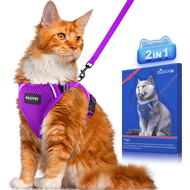 Halypet Cat Harness and Leash Set [ MAX Safety Third Generation ] Escape Proof Soft Adjustable Cat Leash Breathable Comfortable Vest Easy to Wear Kitten Harness for Outdoor Walking H200 Pro Purple Medium (13-18lb) - PawsPlanet Australia