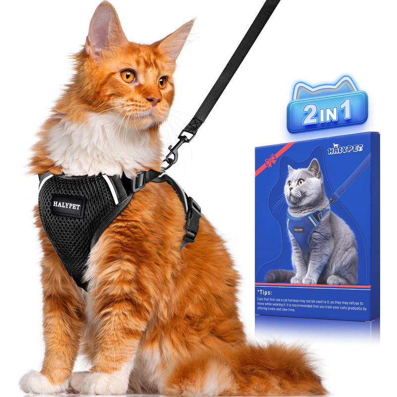 Halypet Cat Harness and Leash Set [ MAX Safety Third Generation ] Escape Proof Soft Adjustable Cat Leash Breathable Comfortable Vest Easy to Wear Kitten Harness for Outdoor Walking Black H200 Pro Black Medium (13-18lb) - PawsPlanet Australia