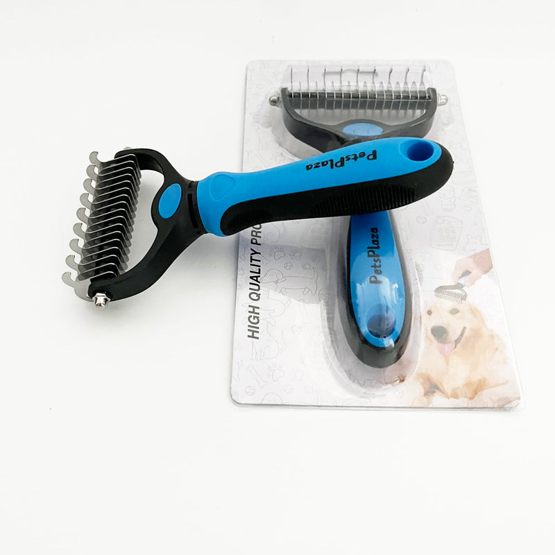 PETSPLAZA Grooming Rake - Double-Sided Dematting Undercoat Brush for Dogs and Cats, Extra Wide, Minimize Shedding, Blue - PawsPlanet Australia