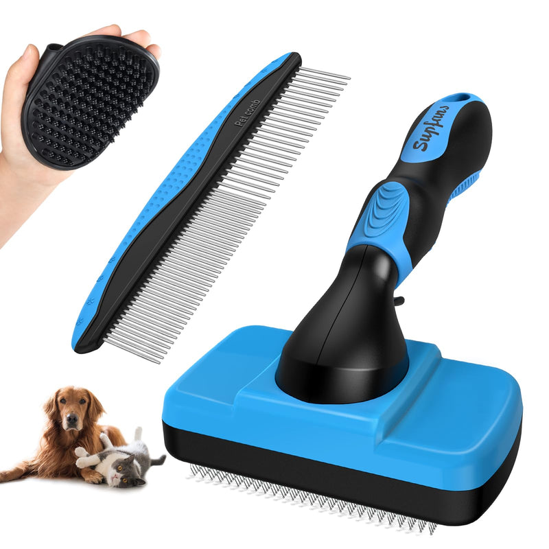 3PCS Dog Grooming Kit - Deshedding Dog Brush, Self Cleaning Slicker Brush, Bath Brush and Comb, Suitable for Hair Removal and Bathing of Dogs & Cats (Black Blue) - PawsPlanet Australia