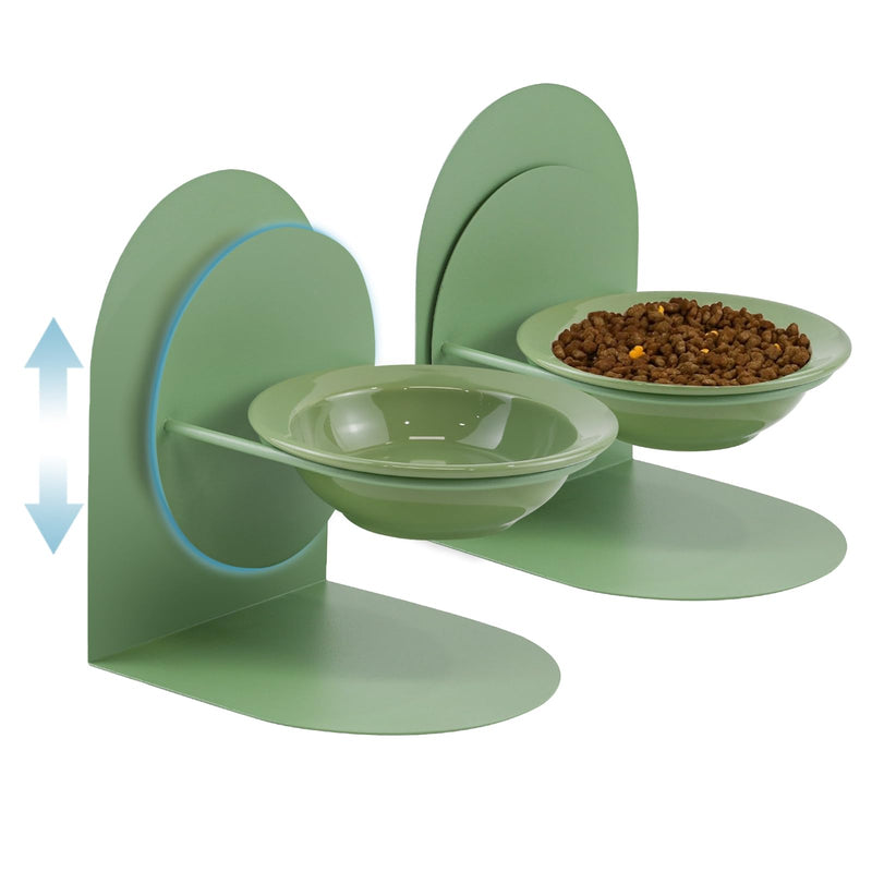 2-Pack Adjustable Cat Bowls with Magnetic Iron Stand & Ceramic Bowls – Dual Height & Angle Adjustable, Non-Slip Design for Comfortable Feeding 2PCS-Green