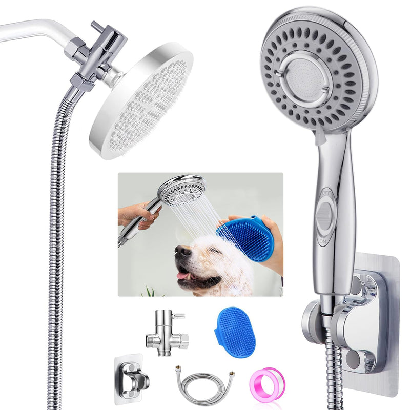 Dog Shower Attachment,Shower Head Sprayer Attachment with ON/OFF Shower Head, Brass 3-Way Diverter for Connecting Shower Arm, Stainless Steel Hose, Dog Brush and Adhesive Holder for Convenient Bathing - PawsPlanet Australia