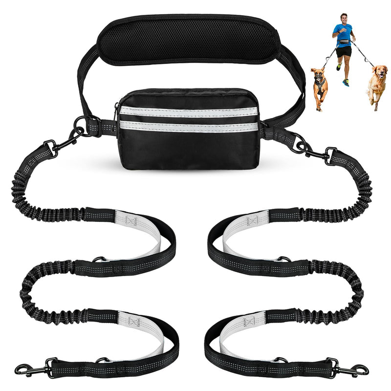 Hands Free Dog Leash with Pouch, Double Leash for Two Dogs, Retractable Bungee with Double Padded Handles, Dog Waist for Dog Walking,Dog Walking Accessories,Black Grey Black/Silver Gray Large 2 Leashes - PawsPlanet Australia