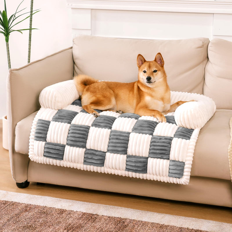 FUNNY FUZZY Couch Cover for Pet, Plush Dog Bed Sofa for Furniture Protector Cream Square Plaid Cozy Pets Mat (Soft Grey, Medium) Soft Grey - PawsPlanet Australia