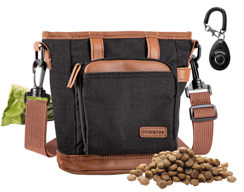 BEAU&FUR Large Dog Treat Pouch with Clicker for Training – 4 Cup Capacity, Built-In Poop Bag Dispenser, Expandable Pocket, Metal Buckle, Large Back Pocket, Ideal Design for Walks and Training – Black Large - Black - PawsPlanet Australia