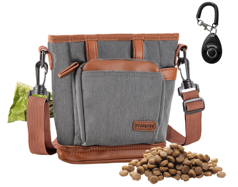 BEAU&FUR Large Dog Treat Pouch with Clicker for Training – 4 Cup Capacity, Built-In Poop Bag Dispenser, Expandable Pocket, Metal Buckle, Large Back Pocket, Ideal Design for Walks and Training – Grey Large - Grey