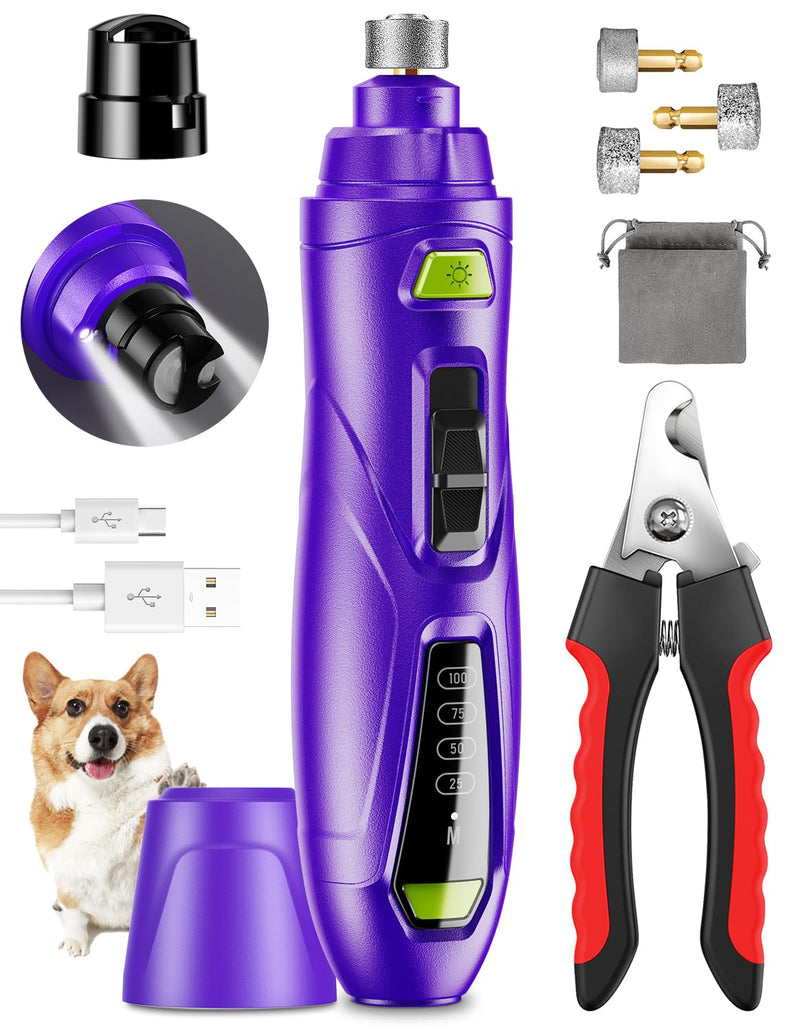 Dog Nail Grinder & Clipper 2-in-1 Set - 25dB Ultra Quiet with 3 Grinding Wheels & 2 LED Lights, Rechargeable for Large/Puppy Dogs & Cats, 3-Speed Adjustable for Anxious Pets Purple - PawsPlanet Australia
