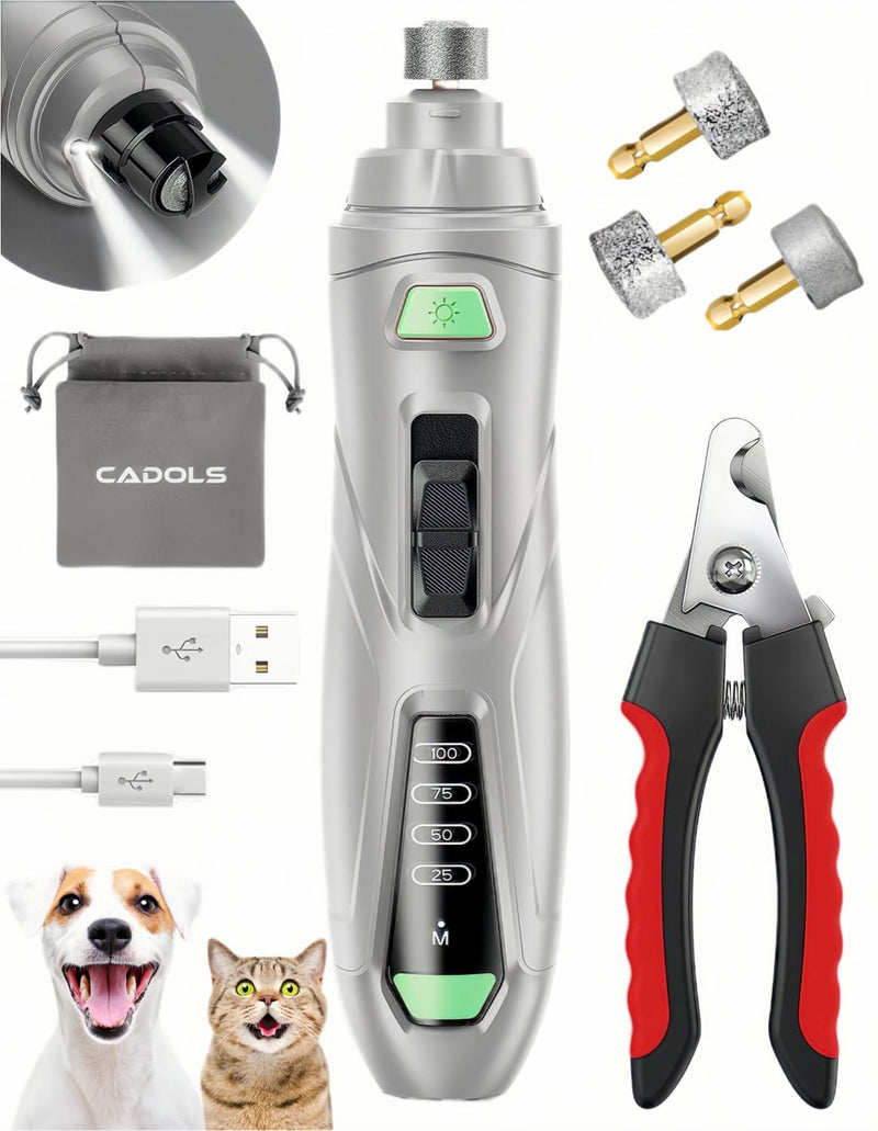 Dog Nail Grinder Quiet Dog Nail Trimmers with 2 LED Lights 3-Speed 3 Grinding Bits 3 Grinding Ports Rechargable Dog Nail Clippers Tool for Large Small Dogs Cats-A Light Grey - PawsPlanet Australia