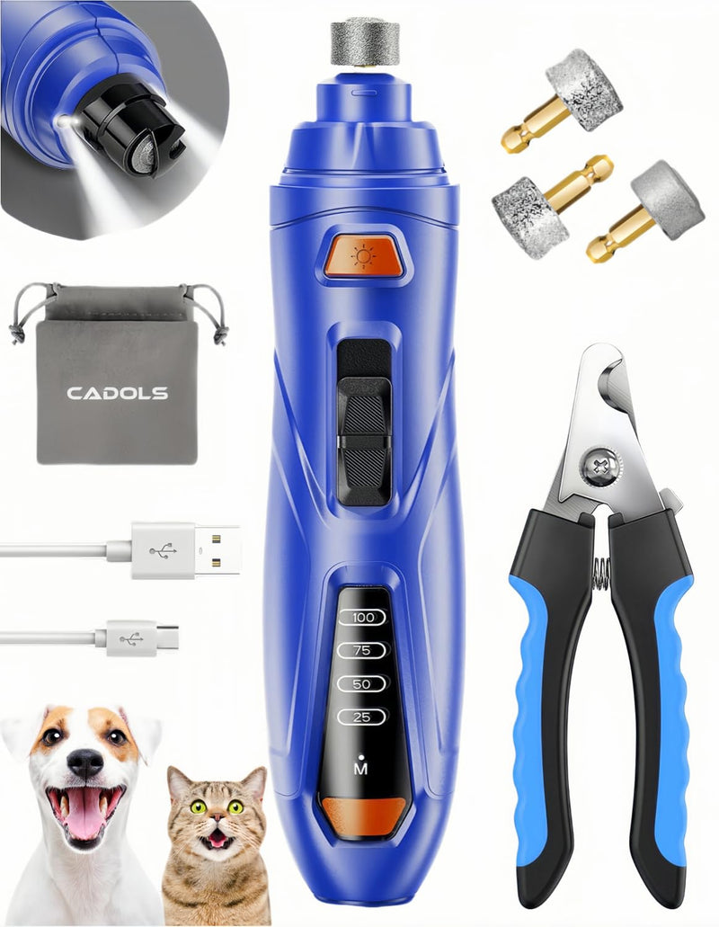 Dog Nail Grinder Dog Nail Trimmers Quit with 2 Lights 3-Speed 3 Grinding Bits 3 Grinding Ports Rechargable Dog Nail Clippers for Large Small Dogs Cats-A Light Blue/Red - PawsPlanet Australia