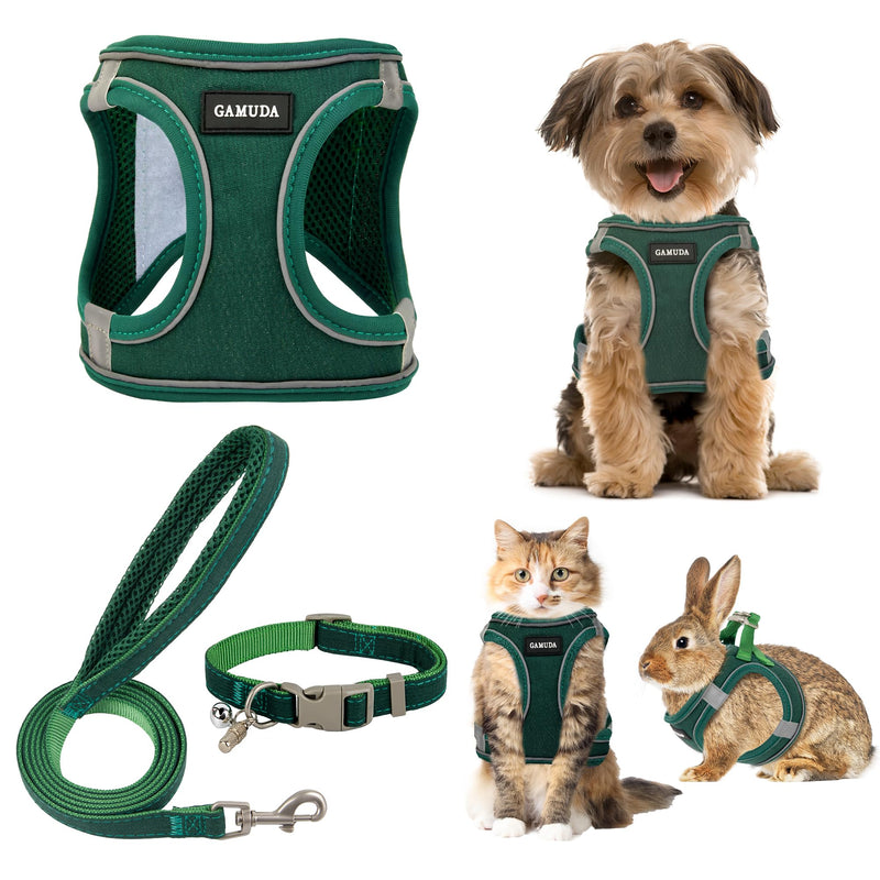 GAMUDA Small Pet Harness Collar and Leash Set, Step in No Chock No Pull Linen Fabric Soft Mesh Dog Vest Harnesses Reflective for Dogs Puppy Cats Kitten Rabbit (Green, S) Green - PawsPlanet Australia