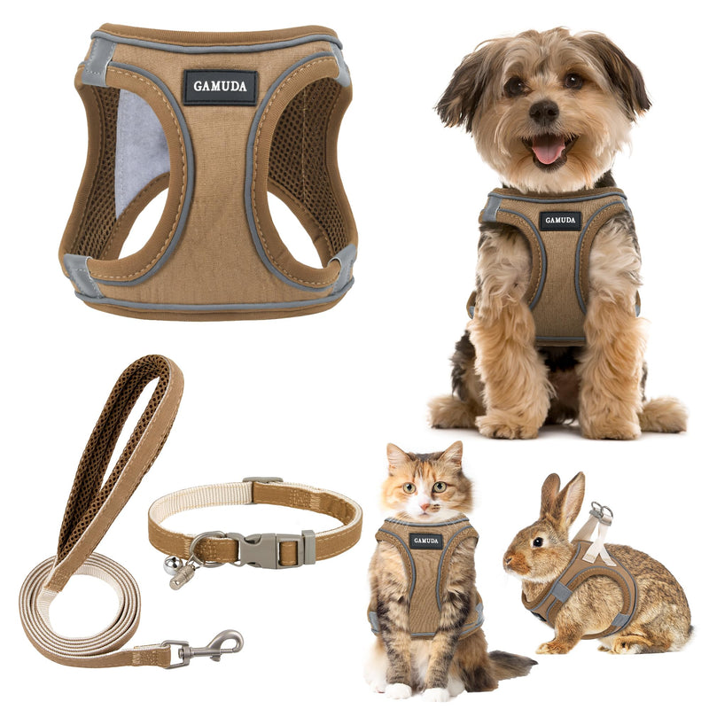 GAMUDA Small Pet Harness Collar and Leash Set, Step in No Chock No Pull Linen Fabric Soft Mesh Dog Vest Harnesses Reflective for Dogs Puppy Cats Kitten Rabbit (Brown, XS) Brown - PawsPlanet Australia
