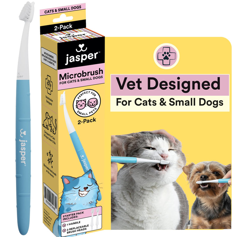 Jasper Microbrush Vet Approved Cat Toothbrush, Soft-Bristled Toothbrush Kit for Felines & Small Dogs, Non-Slip Handle with 2 Replaceable Tooth Brush Heads, Use with Cat Toothpaste Microbrush Kit