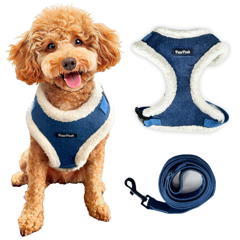 Luxury Winter Warm Soft Padded Dog Harness and Leash Set - Cute Dog Harness - Denim Harness for Small Dogs, Puppies, Large & Medium Breeds - Anti Pull Adjustable Harness for Boys & Girls (X-Small) X-Small - PawsPlanet Australia