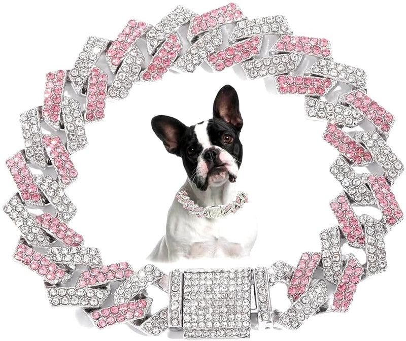 Chain Collar for Small Dogs, Diamond Necklace Rhinestone Bling Glitter Metal Choke Cuban Link Dog Collar, Crystal Collar Jewelry for Dogs and Cats (Pink, 16 inch) Pink - PawsPlanet Australia