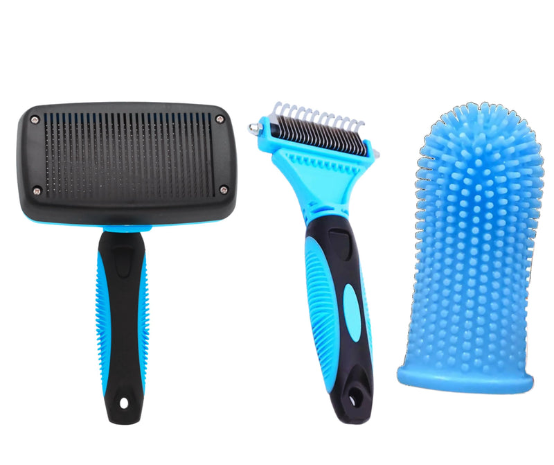 3-in 1 Dog & Cat Grooming Supplies- Self-cleaning Slicker Brush, Deshedding Rake Comb, And Finger Toothbrush For Dogs & Cats | Perfect For Pet Grooming Kit, Dematting And Dental Tool (blue) blue - PawsPlanet Australia