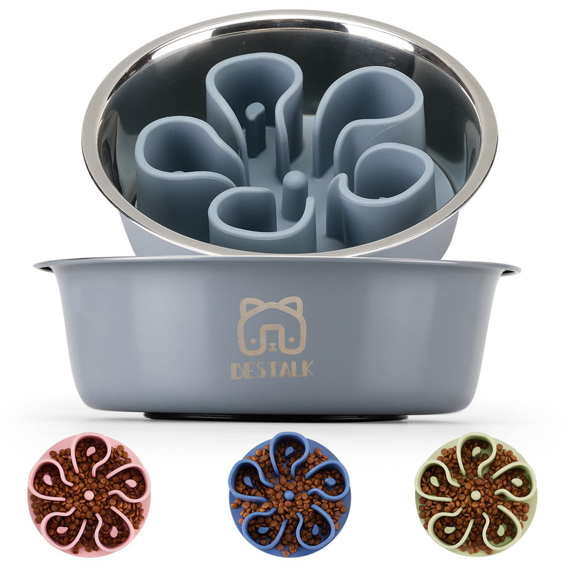Stainless Steel Slow Feeder Dog Bowl, Bestalk 2-in-1 Metal Dog Bowls with Silicone Slow Feeder Insert for Small, Medium, Large Dogs(Grey, 1 Cup) - PawsPlanet Australia