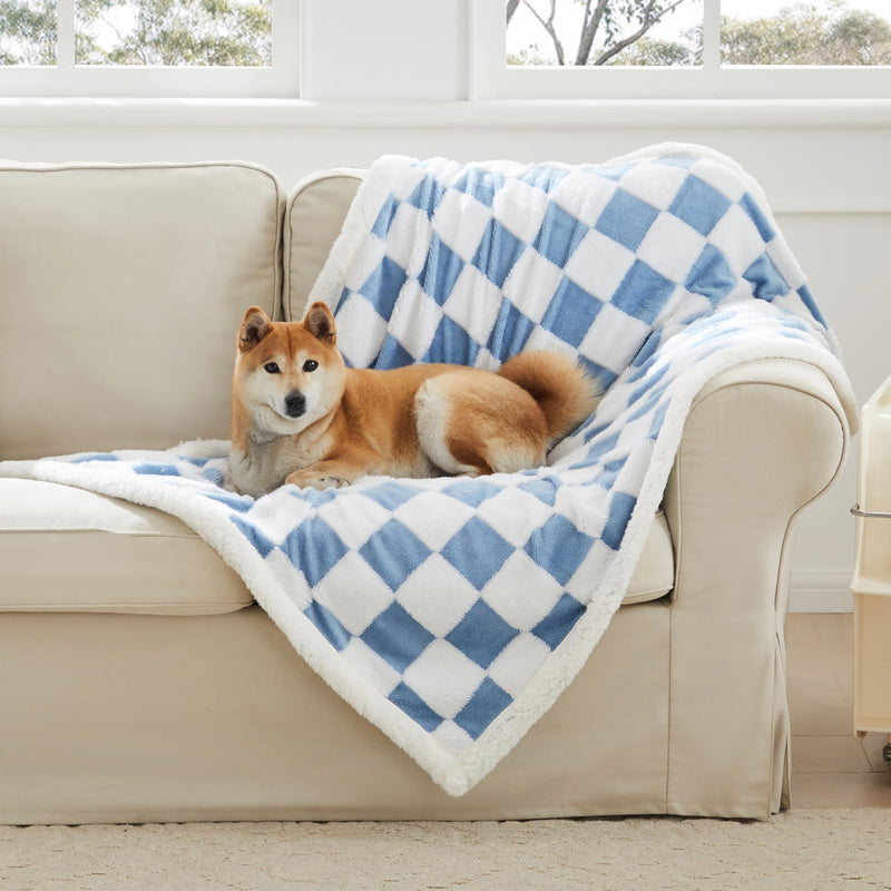 Checkered Dog Blanket, Blue Jacquard Sherpa Blankets for Small Dog and Cats, Cute Aesthetic Style Fluffy Fleece Pets Blanket for Couch Protection Washable, 40"x50" 40"x50" - PawsPlanet Australia