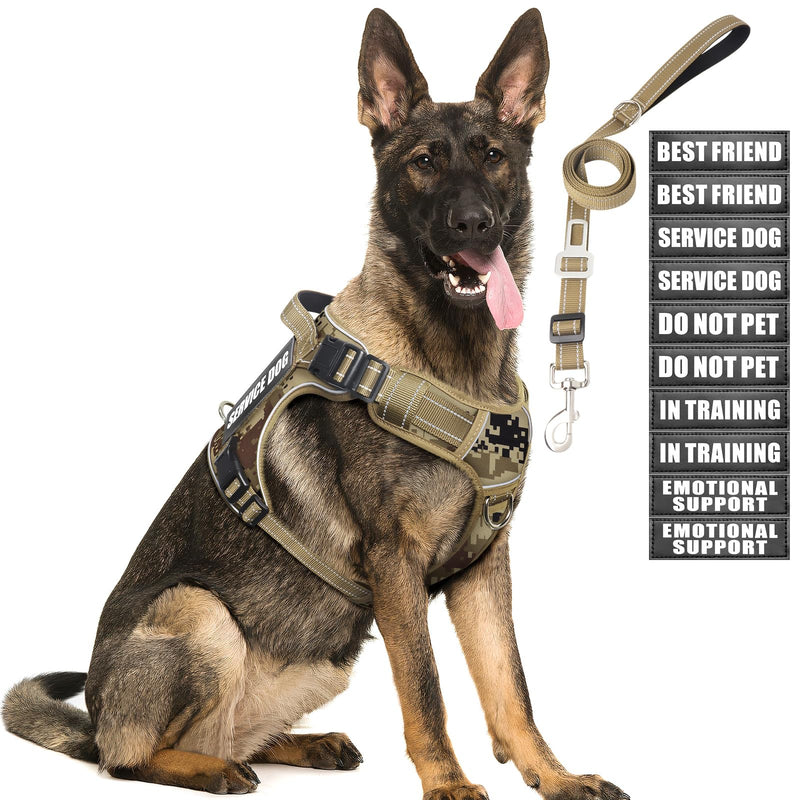 Tactical Dog Harness and Leash Set for Large Dogs,Heavy Duty No Pull Service Dog Vest and 10 Patches with Dog Seat Belt,Reflective Adjustable Pet Harness for Training Walking Hiking Camo L Desert Camo - PawsPlanet Australia
