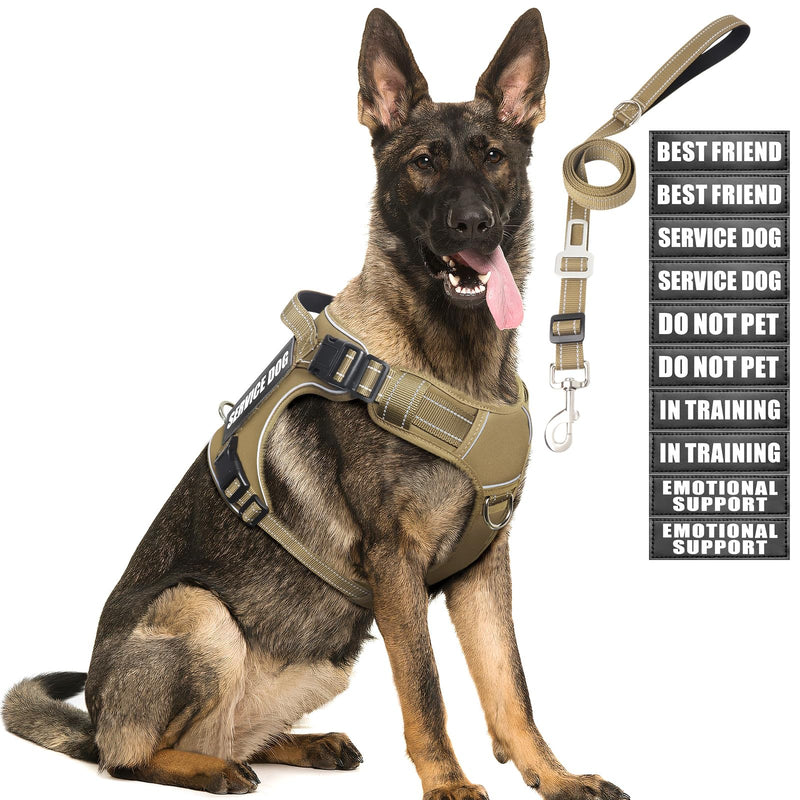 Tactical Dog Harness and Leash Set for Large Dogs,Heavy Duty No Pull Service Dog Vest and 10 Patches with Dog Seat Belt,Reflective Adjustable Pet Harness for Training Walking Hiking Brown L - PawsPlanet Australia