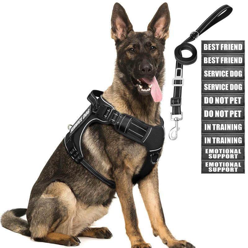 Tactical Dog Harness and Leash Set for Large Dogs,Heavy Duty No Pull Service Dog Vest and 10 Patches with Dog Seat Belt,Reflective Adjustable Pet Harness for Training Walking Hiking Black L - PawsPlanet Australia