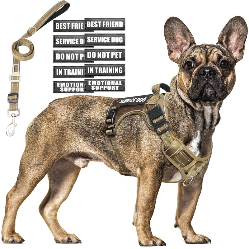 Tactical Dog Harness and Leash Set Medium Sized Dog,Heavy Duty No Pull Service Dog Vest and 10 Patches with Dog Seat Belt,Reflective Adjustable Pet Harness for Training Walking Hiking Camo M Desert Camo