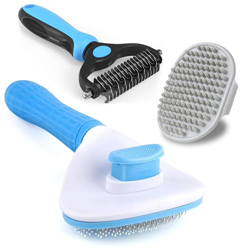 3PCS Dog Grooming Brush - Dog Brush for Shedding Massaging Bathing - Double Sided Shedding, Dematting Undercoat Rake - Self Cleaning Slicker Brush for Dogs and Cats with Long or Short Coats Blue-3Pcs - PawsPlanet Australia