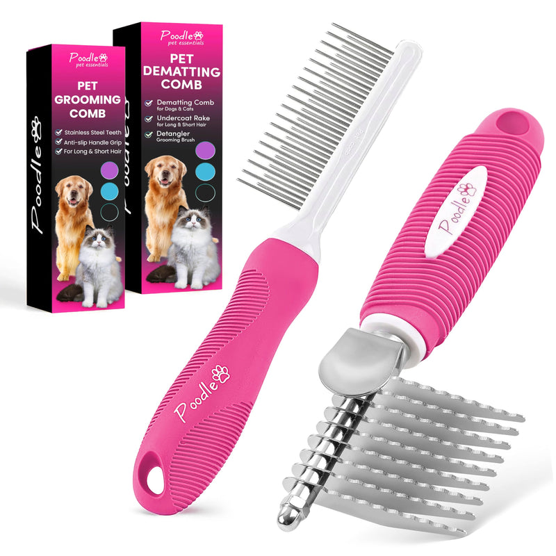 Poodle Pet Dematting Rake + Detangling Pet Comb Pink Bundle - PawsPlanet Australia