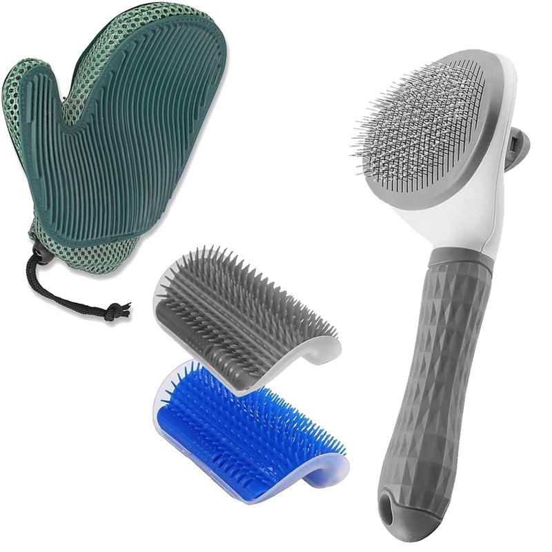 4-Piece Cat Grooming Set: Self-Cleaning Slicker Brush, Brush Glove, and 2 Wall Scratchers for Shedding, Detangling, and Relaxing Care for Cats with All Fur Types.
