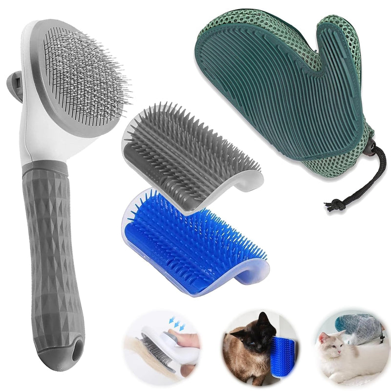 4-Piece Cat Grooming Essentials: Automatic Cleaning Slicker Brush, Massage Glove, and 2 Wall Scratchers for Hair Removal, Knot Untangling, and Soothing Care, Suitable for Cats with Any Fur Type. - PawsPlanet Australia