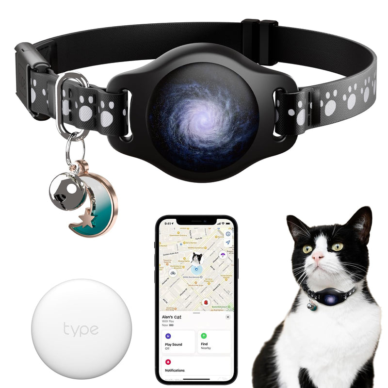 Cat Tracker Collar Waterproof Airtag Cat Collar with Finder Tag (iOS ONLY Not for Android Devices), Compatible with Apple Find My, Breakaway Tractive with Reflective Pattern & Bell, Black, 8-12" - PawsPlanet Australia