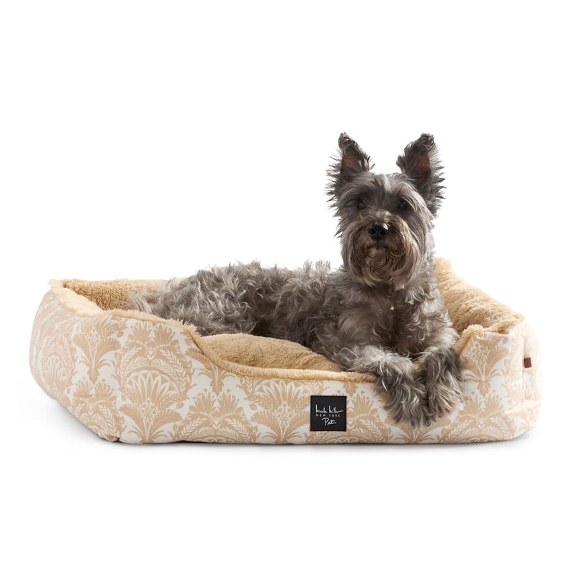 Nicole Miller New York PET Mod Damask Plushy Bolster Pet Bed, Cozy & Calming, Non-Slip Bottom, Machine Washable Cover, Taupe, Extra Small 19"x15"x6" 18.5"L x 14.6"W x 6.3"Th - PawsPlanet Australia