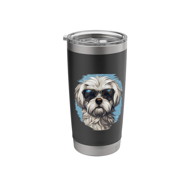 Maltese Dog Breed Pet with Sunglasses Stainless Steel Insulated Tumbler Black 20 Ounces