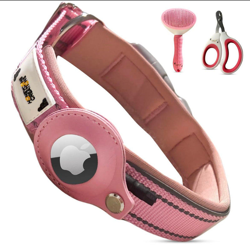 Essential Pet Supplies: Pet Collar for Small Dogs with Reflective AirTag Holder and Secure,Comfortable Padding Bundled with Safe Dog Nail Clippers and Self-Cleaning Dog Brush PINK - PawsPlanet Australia