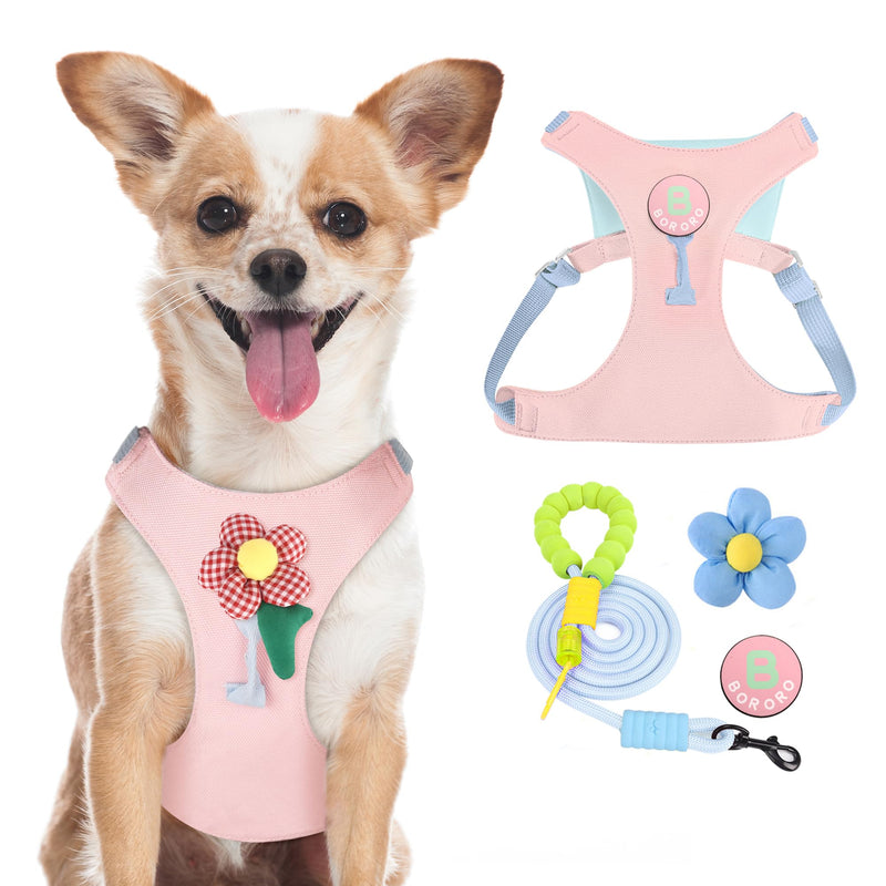Dog Harness and Leash Set with 2 Flower Patches, No Pull Adjustable Puppy Harness, Step in No Chock Dog Vest for Small Medium Dogs Puppy and Cats(Pink, XS) XS(3.3-5.5lb） Pink - PawsPlanet Australia