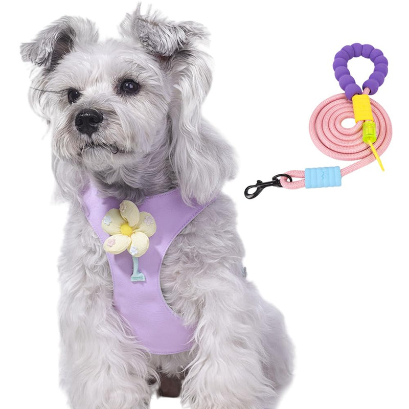 Dog Harness and Leash Set with 2 Flower Patches, No Pull Adjustable Puppy Harness, Step in No Chock Dog Vest for Small Medium Dogs Puppy and Cats(Purple, XS) XS(3.3-5.5lb） Purple - PawsPlanet Australia