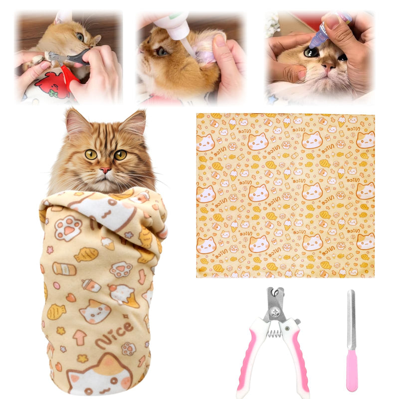 Large Cat Grooming Wrap Self-Adherent Cat Wrap for Cutting Nails with Nail Clipper&File Cat Restraint Burrito Wrap for Nail Clipping Anti-Scratch/Escape, Cat Swaddle Wrap for Calming (27.6*27.6Inch) Orange cat - PawsPlanet Australia