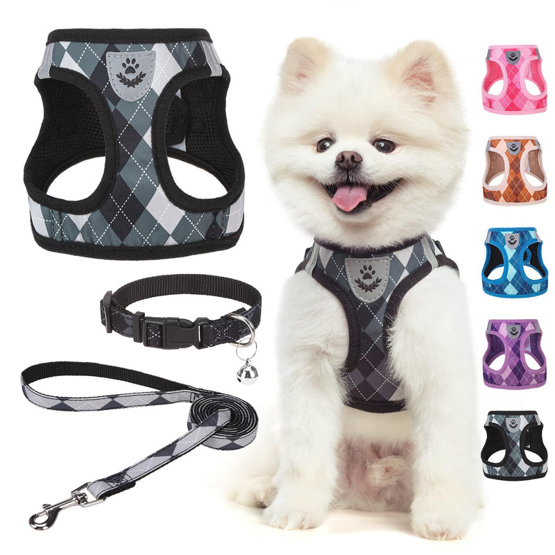 SCENEREAL Small Dog Harness and Leash Collar Set, Step in No Pull Soft Mesh Dog Harnesses for Small Medium Sized Dogs Puppy and Cats Outdoor Walking, No Chock Reflective Vest Harness, Black Plaid S S: Chest Girth: 14.5"-16" - PawsPlanet Australia