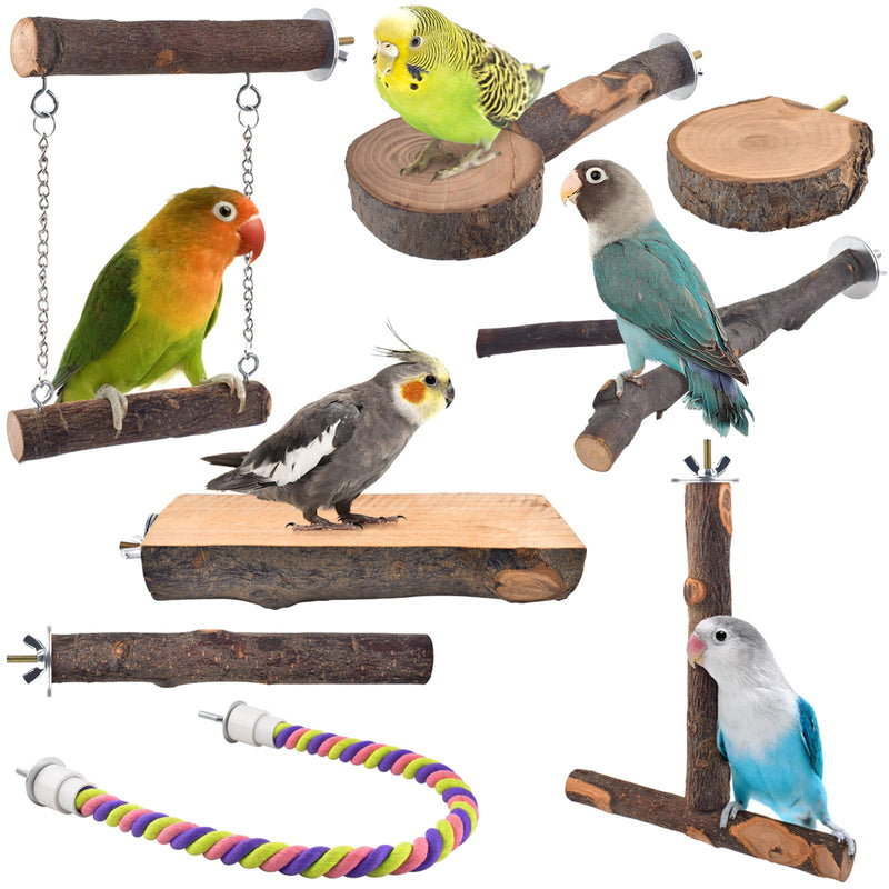 Bird Perches, 8pcs Natural Wood Parrot Perch Stand Chewing Toys Cage Accessories Hanging Multi-Branch Perch Platform Swing Toy Rope Perches for Small and Medium Parakeet, Conures, Budgies - PawsPlanet Australia