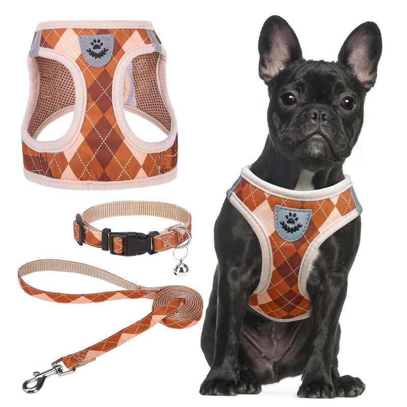 SCENEREAL Dog Harness Collar and Leash Set, Step-in No Pull Pet Vest Harnesses for Small Medium Dogs Puppy Cats, Soft Mesh No-Chock Reflective Vest Harness for Outdoor Walking Running, Brown Plaid S S: Chest Girth: 14.5"-16" - PawsPlanet Australia