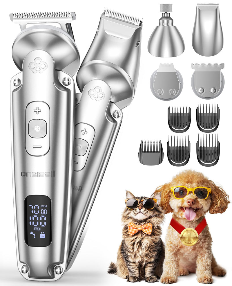oneisall Small Dog Clippers and Paw Trimmer with Low Noise, 4 - in - 1 Cordless Dog Grooming Kit with 3 - Level Speed Clippers (7000 RPM) for Grooming Thick Hair, Waterproof Shaver for Dogs and Cats Silver - PawsPlanet Australia