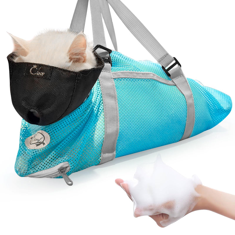 Cinf Cat Bathing Bag(Free Muzzle) Breathable Mesh Anti Scratch Adjustable Cat Grooming Bag for Nail Trimming, Bathing Soft Cat Washing Bag(Light Blue) M M-Drama Cat Light Blue - PawsPlanet Australia