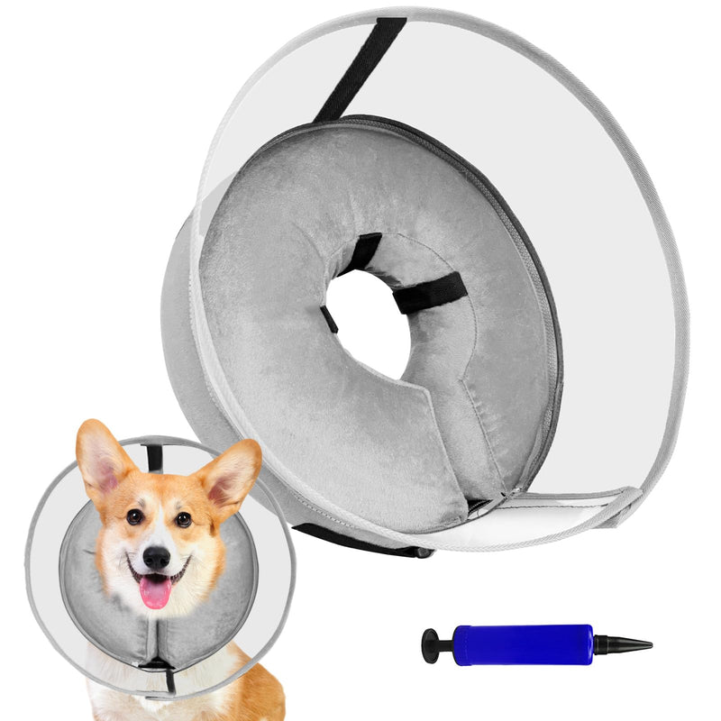Inflatable Dog Cone Collar, Soft Dog Cone After Surgery, for M M+ L XL Dogs, with Detachable Anti Licking Shield and Inflator, 2 in 1 Adjustable Alternative, Does Not Block Vision, Grey (M) M (8.3"-10.2") - PawsPlanet Australia