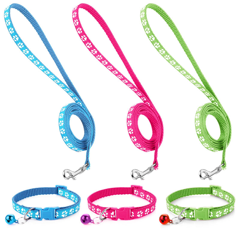 3 Pack Puppy Collar and Leashes Cat Small Dog Collar and Leash Pack Pet Kitten Collars and Leashes Adjustable Training Rope Quick Release Paw Print Soft Nylon