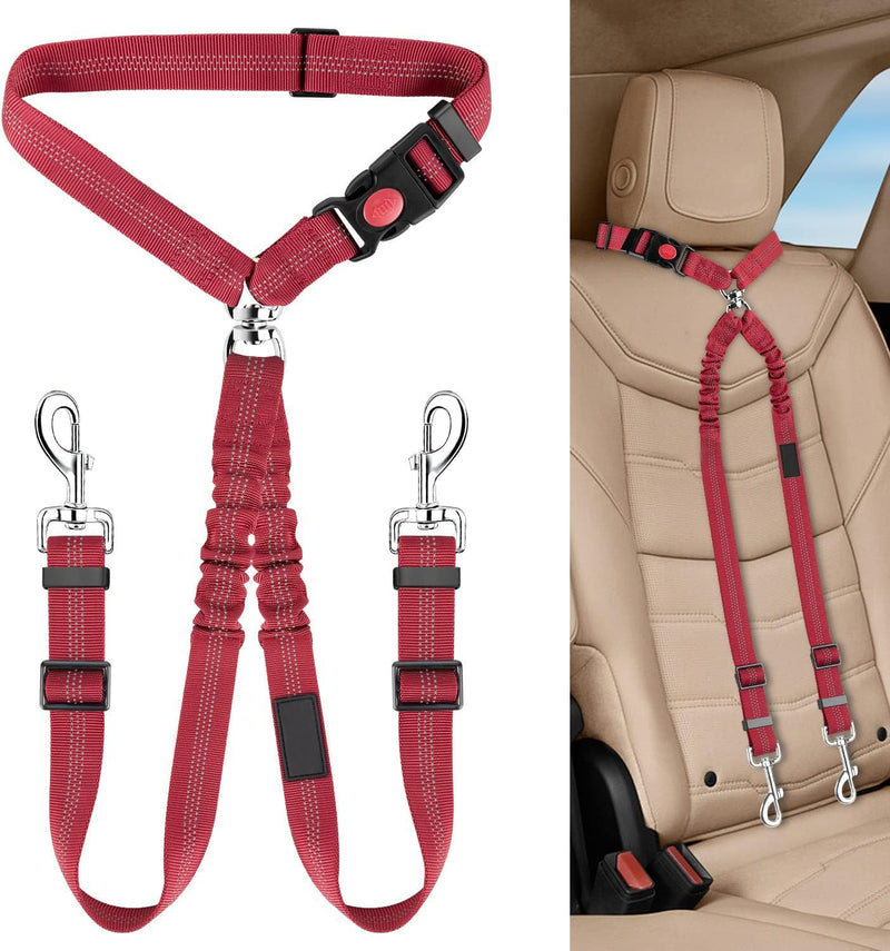 Dog Seat Belt for Car, Dual Pet Vehicle Headrest Restraint Safety Seatbelt,Two Dog Leash No Tangle Dog Car Leash Seat Belt,Duty Adjust Elastic Connect Harness in Vehicle Travel (Red) Red - PawsPlanet Australia