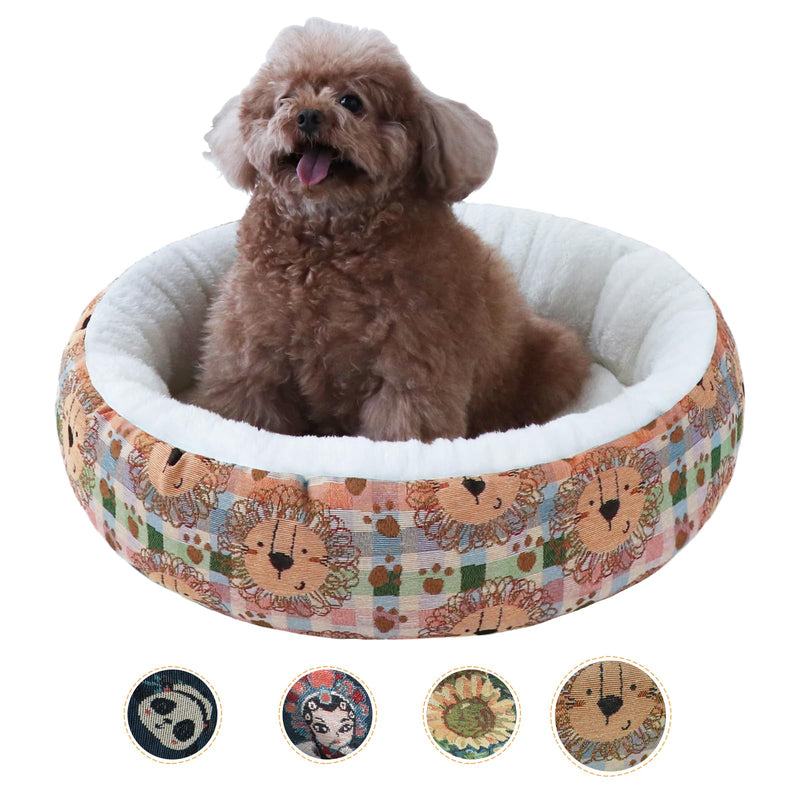 Circular Calming Dog & Cat Bed Anti-Anxiety Plush Dog Bed Washable Pet Bed with Anti Slip Backing Donut Cuddler with Cute Jacquard Patterns for Cat and Small Puppy 30" (Small, Lion) - PawsPlanet Australia