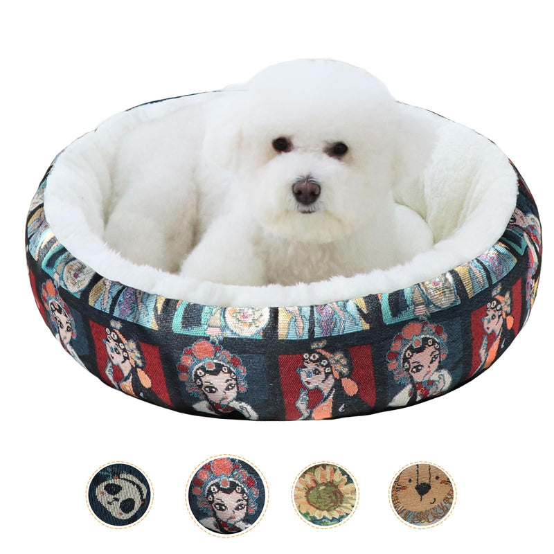 Circular Calming Dog & Cat Bed Anti-Anxiety Plush Dog Bed Washable Pet Bed with Anti Slip Backing Donut Cuddler with Cute Jacquard Patterns for Cat and Small Puppy 30" (Small, Beijing Opera) - PawsPlanet Australia