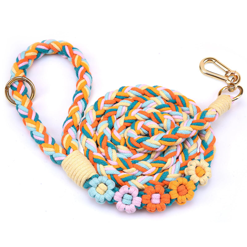 Handmade 5ft Braided Cotton Dog Leash with Unique Floral Handle, Durable and Stylish, Ideal for Small to Large Dogs,Rainbow Mix Fiesta Twist - PawsPlanet Australia